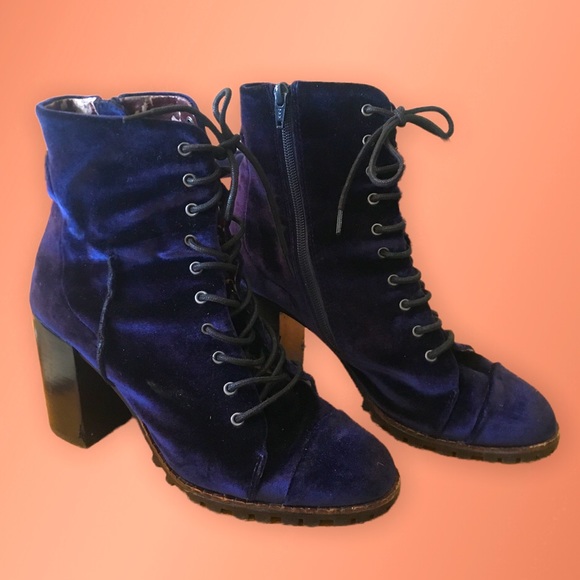 Blue Velvet Lace Up Boots - Picture 1 of 4